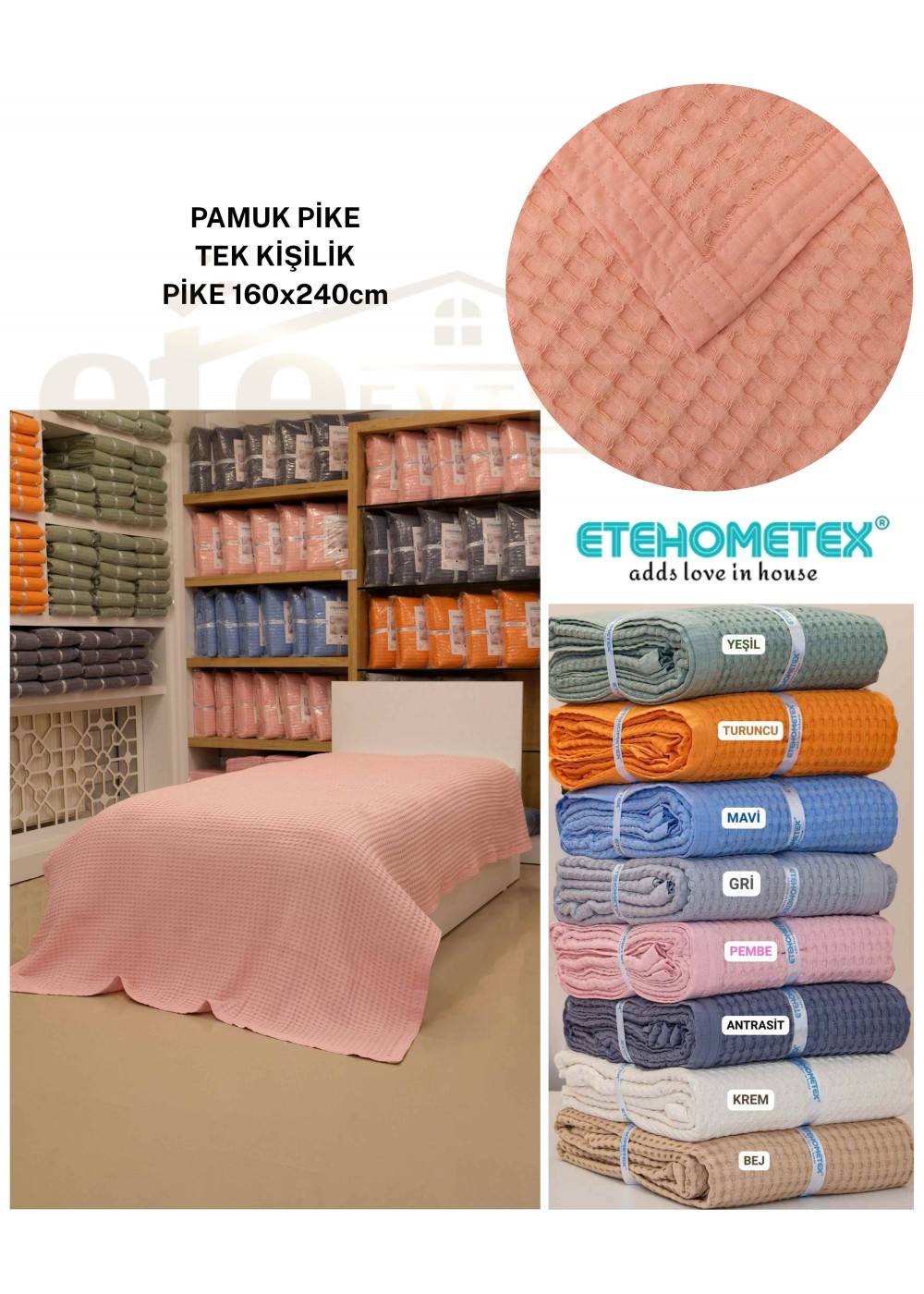 ETEHOMETEX HAVUZLU PİKE TEK KİŞİLİK 160X240CM PEMBE 8696474232080